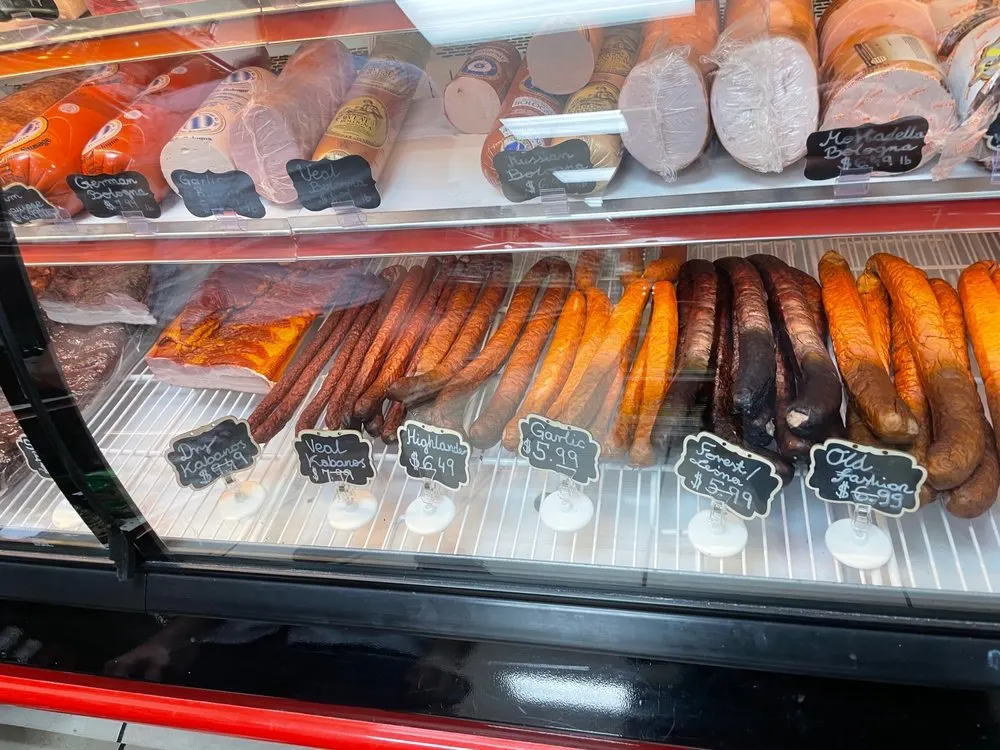 Kielbasa and smoked sausages in the deli case